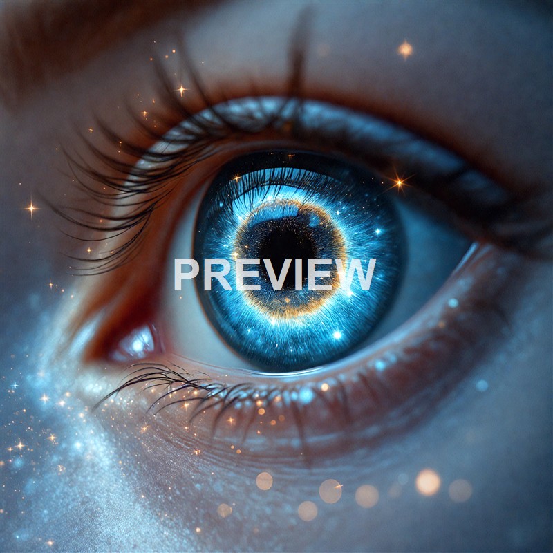 A close-up of a human eye with a vibrant, galaxy-like pattern reflected in the iris, surrounded by subtle sparkles and cosmic effects.